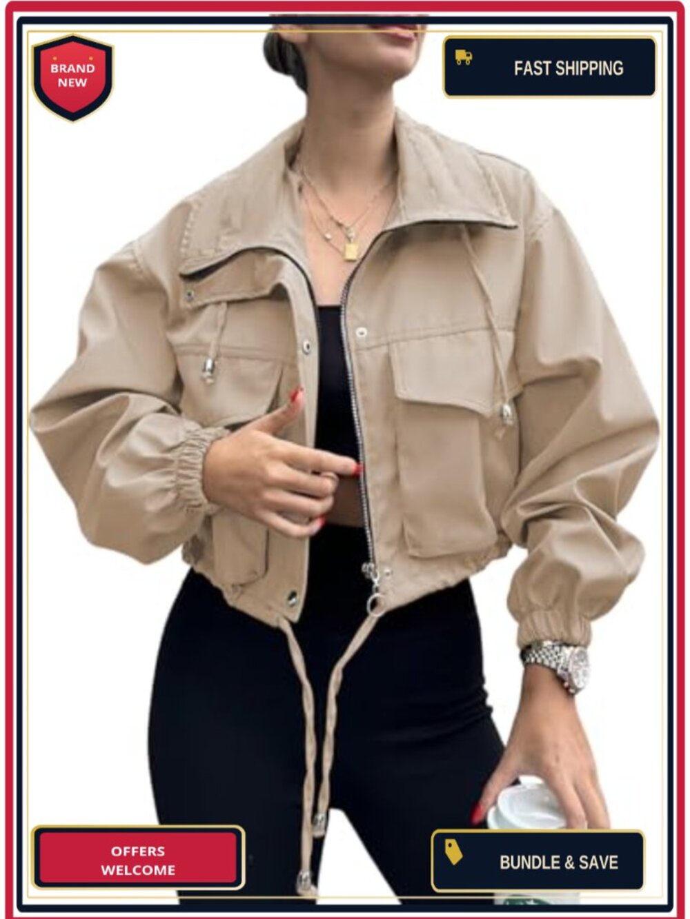 Womens Cropped Utility Anorak Jacket Zip Up Lightweight Oversized